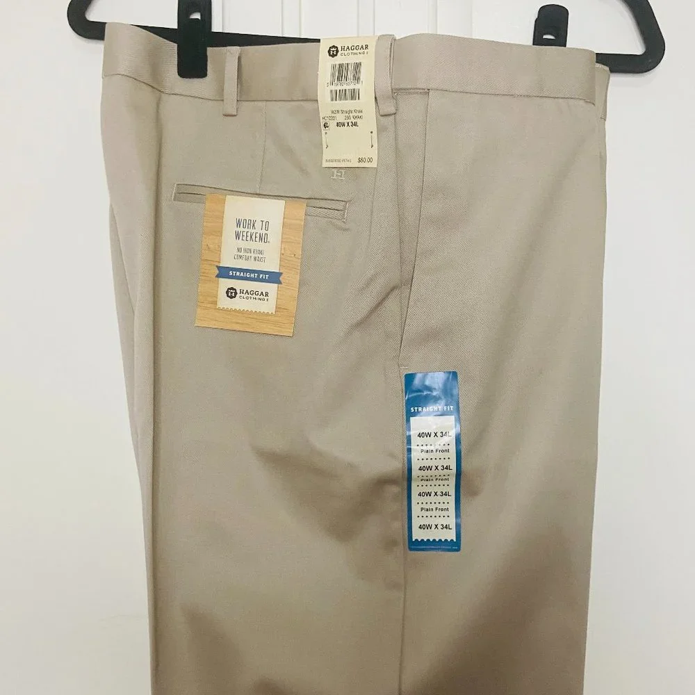 Haggar Mens Work To Weekend Straight Fit No Iron Comfort Waist Khaki 40W…